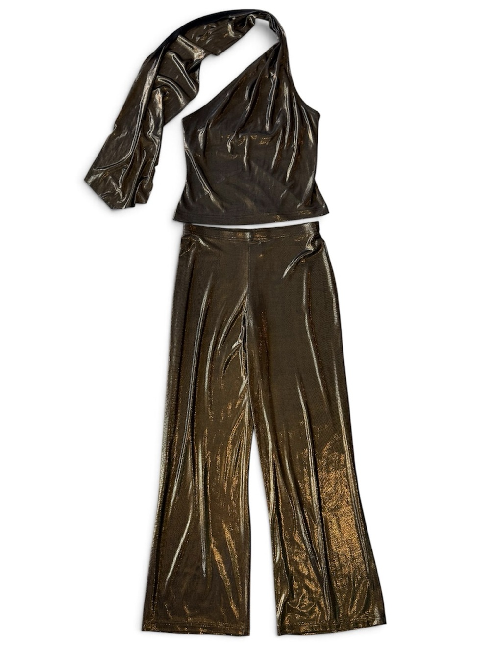 TADASHI Vintage Metallic Liquid Jersey 2-Piece Pant Set One Shoulder Bronze Gold